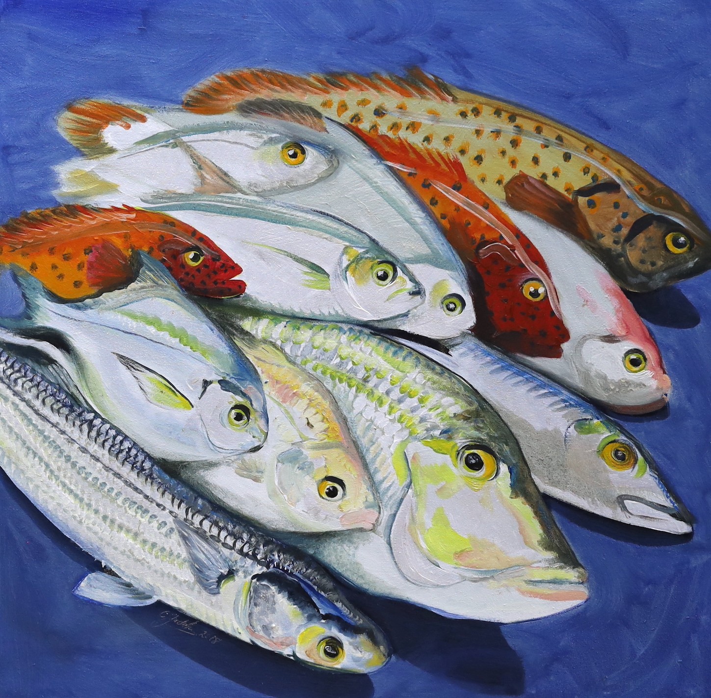 Modern British, oil on canvas, Still life of fishes, indistinctly signed and dated 2018, 57 x 57cm